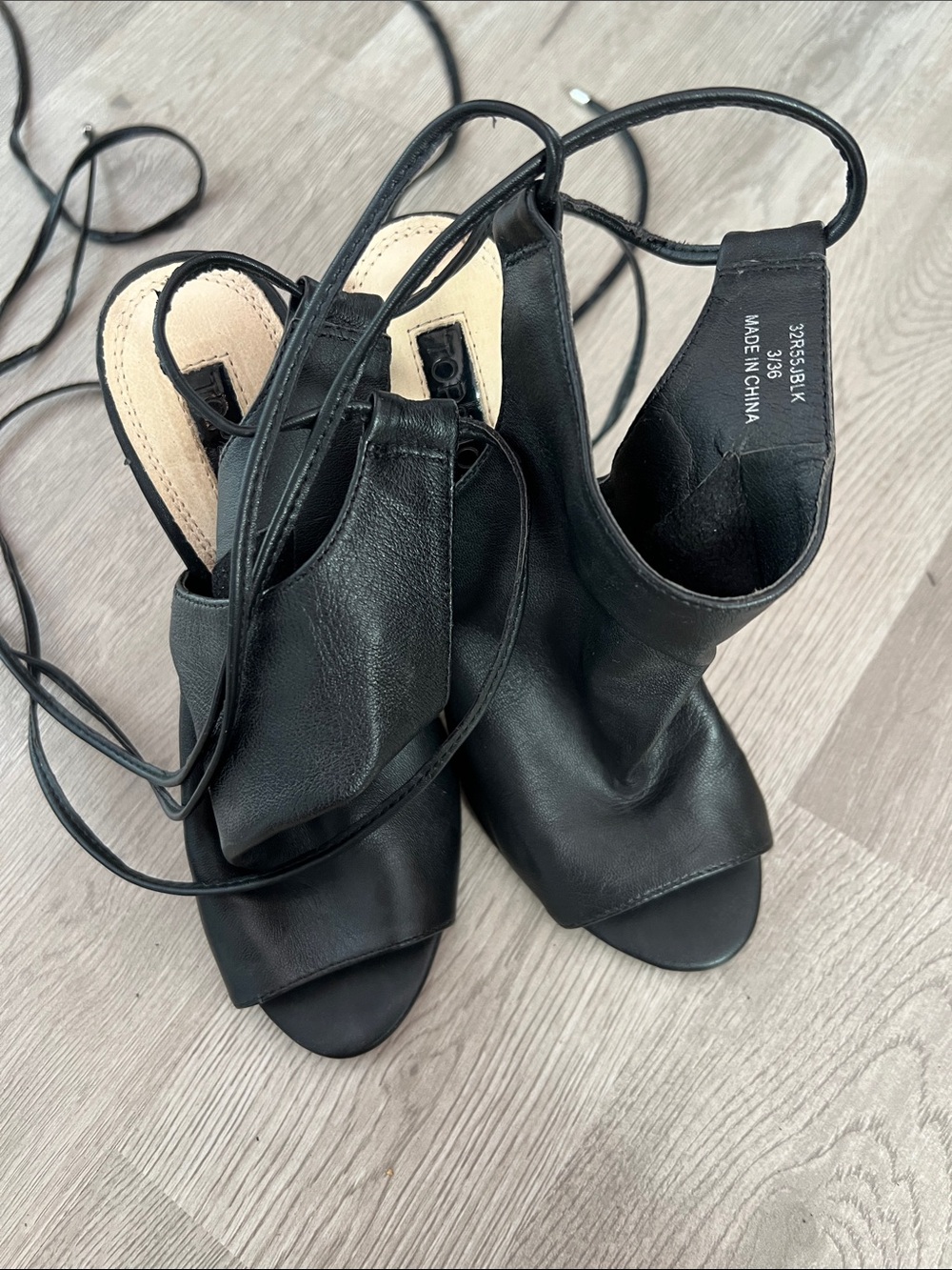 Top Shop Black Leather Lace-Up Peep Toe Wrap Sandal Heel - Picture 7 of 10